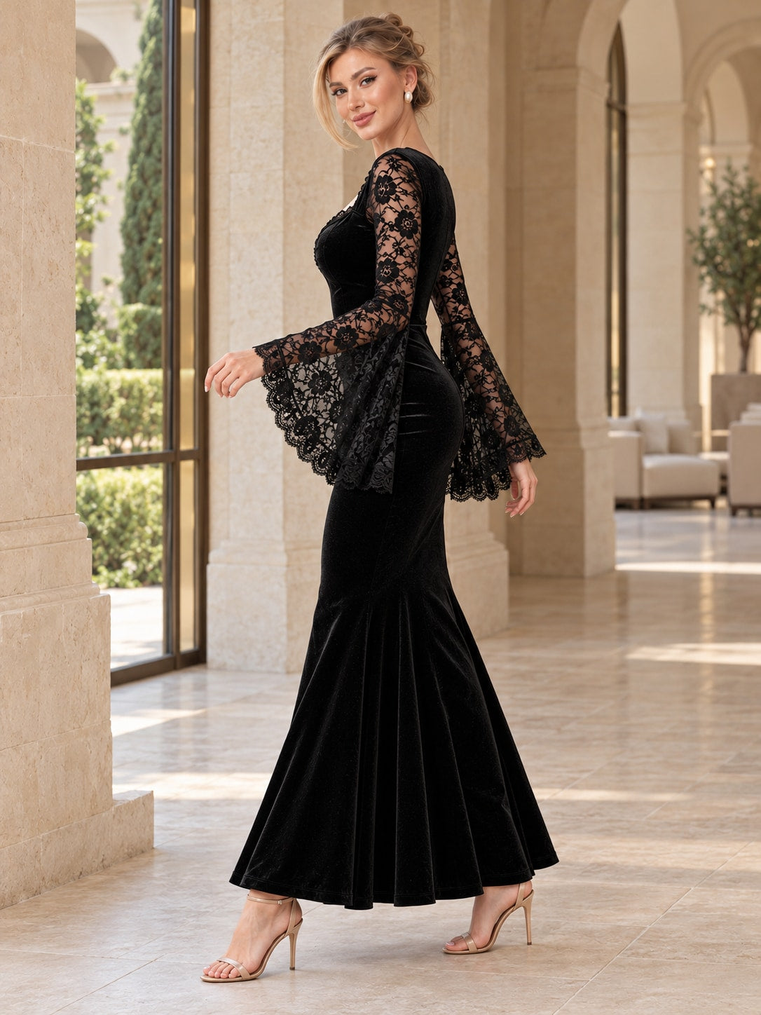 Black Velvet Lace Sleeve Mermaid Dress for Formal Evening